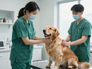 A clean, modern veterinary examination room with a calm clinical team member in green scrubs gently checking a golden retriever's heartbeat, bright natural window light.