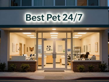 Welcoming exterior of the Best Pet 24/7 clinic on Hoover Street at night, warm amber lights glowing from windows, clean clinical entrance