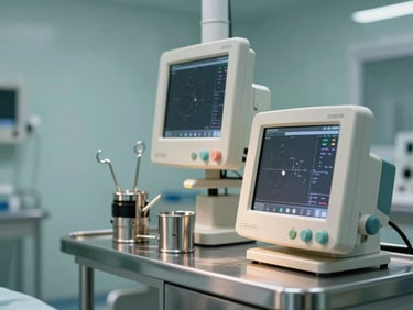 Close-up of clean, modern veterinary surgical equipment, stainless steel surfaces, soft medical teal background, warm focused light on diagnostic monitors.