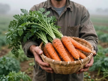 A farmer holding a basket of freshly harvested heirloom carrots in an overcast, misty field, rich organic tones, natural lighting.
