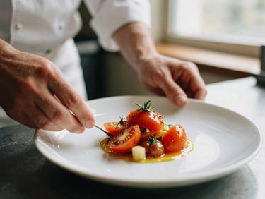 Close-up of a chef's hands plating a vibrant heirloom tomato dish in a warm-lit kitchen, shallow depth of field, 35mm film style.