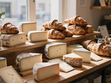 A beautifully arranged wooden display of artisanal cheeses and sourdough bread in a sunlit modern food market, cozy Scandinavian feel.