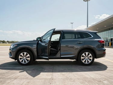 Wide shot of a spotless dark SUV parked on airport tarmac apron, driver-side door open and ready, bright Caribbean daylight, clean terminal facade visible in background right third, strong shadow lines on pavement