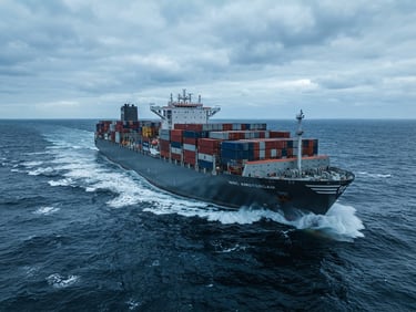 Sleek modern cargo vessel cutting through deep blue ocean water, cool daylight, high contrast, wide architectural angle