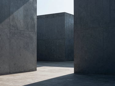 Symmetrical architectural composition with sharp shadows on concrete, cool daylight, minimalist structure, 35mm lens