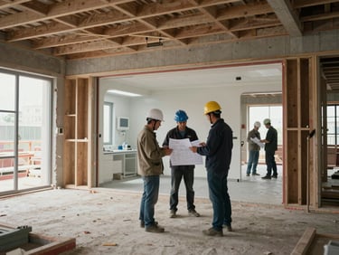 Wide shot of a healthcare construction site mid-build, workers in hard hats reviewing blueprints against a partially framed clinical interior, available daylight through open structural openings