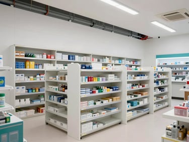 Wide shot of a pharmacy interior buildout mid-construction, shelving units being installed along clinical white walls, electrical conduit runs visible at ceiling level, practical overhead lighting, no people, materials and tools organized on the floor