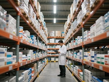 Wide environmental shot of a pharmaceutical warehouse interior, tall metal shelving loaded with medication cartons, a worker verifying inventory on a clipboard under warehouse overhead lighting