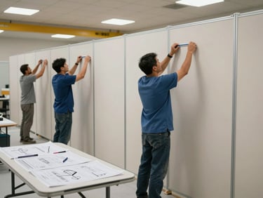 Healthcare construction site interior, workers installing medical-grade partition walls under practical work lighting, blueprints visible on a folding table in the foreground