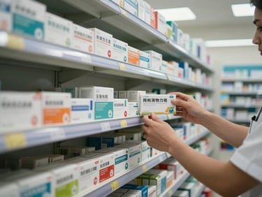 Wide medium shot of a pharmacy shelf mid-restock, rows of medication boxes being organized by a worker's hands, practical fluorescent overhead light, clinical and orderly