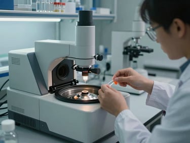 Laboratory bench with clinical analysis equipment in active use, glass tubes and centrifuge visible, technician's hands handling a sample under cool window light from the left