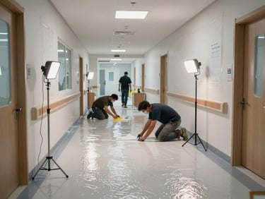 Medium environmental shot of a clinical facility corridor under retrofit, workers laying non-slip epoxy flooring in a hospital wing, protective sheeting on walls, work lights on stands, active construction mid-process