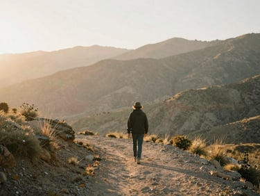 A solitary figure walking along a serene Utah mountain trail at sunrise, soft golden light, muted earth tones, reflective mood, 35mm film texture