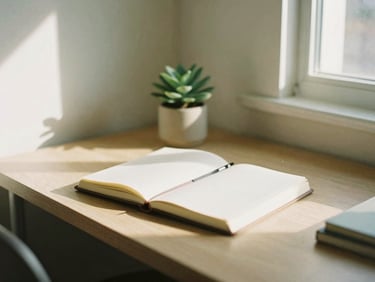 An organized, warm, lived-in workspace with a journal, a small green plant, and soft late afternoon light casting gentle shadows, 35mm film texture