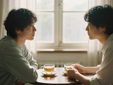 Two people sitting in profile, talking in a warm room filled with natural light, focusing on a shared cup of tea, soft shadows, 35mm film texture