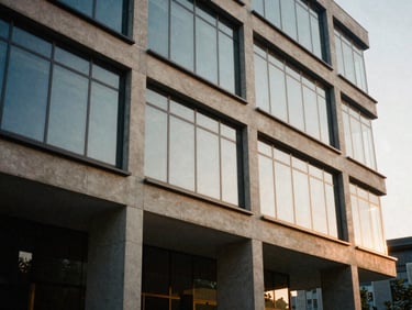 Architectural detail of a sleek glass and concrete office facade, low-contrast natural light, 35mm film style.