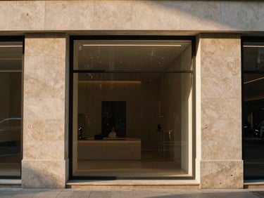 High-end minimalist commercial storefront facade with limestone pillars, warm golden hour natural light, 35mm film style