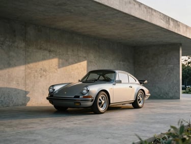 Clean lines of a classic silver collector sports car parked in a minimalist concrete pavilion, soft dramatic lighting.