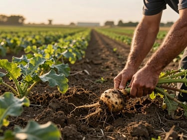 Wide shot of a farm field at golden hour, a farmer's hands pulling a root vegetable from dark soil in the foreground, rows of crops receding into soft-lit distance, no people visible above the wrists