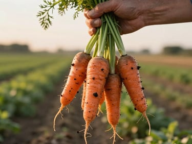 Extreme close-up of a farmer's hands holding a cluster of freshly pulled carrots, soil still clinging to roots, soft golden-hour light from the left, field rows blurred behind