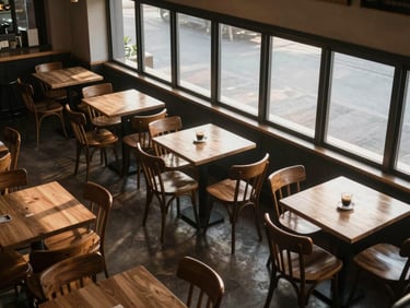 Close overhead view of a small restaurant dining room at dawn, empty wooden chairs upturned on tables, morning light cutting through a row of narrow windows across the floor, a single espresso cup resting on the pass