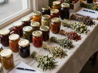 Environmental overhead of a food market stall mid-morning, jars of preserves and bundles of dried herbs arranged on a linen-covered table, a notebook and pen resting at the edge, natural window light from the left