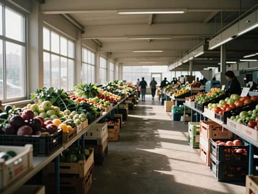 Wide environmental shot of an indoor food market in early morning before opening — vendor tables being set, crates of produce in natural window light, no customers yet, long aisle receding into depth