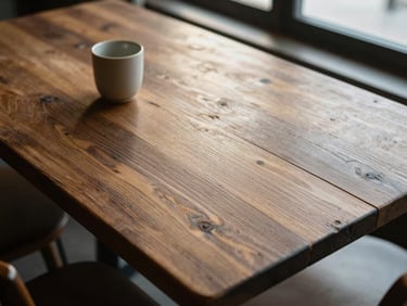 Overhead flat-lay of an empty restaurant table at dawn — a worn wooden surface, a single ceramic cup, soft north-facing window light raking across the grain