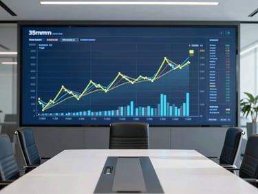 High-end corporate boardroom with subtle digital displays showing clean financial charts, minimal shadows, 35mm