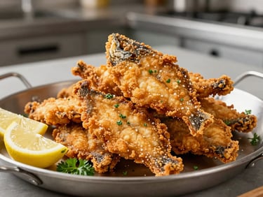 Golden-brown fried catfish fillets piled high on a metal platter, fresh lemon wedges and chopped parsley, bright kitchen lighting.