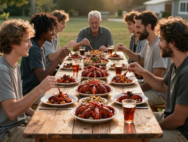A long wooden community table outdoors at golden hour, filled with plates of crawfish and happy neighbors sharing food.