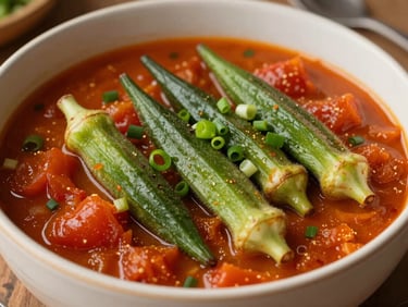Vibrant okra and tomato gumbo served in a ceramic bowl, fresh green onions scattered on top, natural golden-hour light.