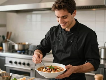 A smiling young chef in a clean black apron plating a fresh bowl of hot gumbo, bright kitchen background.