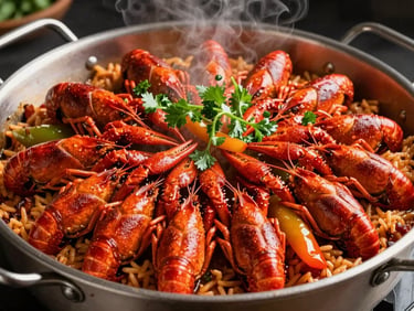 A giant pot of spicy crawfish jambalaya, steaming rice mixed with plump crawfish tails, bell peppers, and fresh herbs.