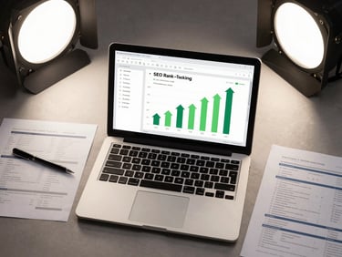 Overhead flat-lay of a laptop showing an SEO rank-tracking dashboard with green upward arrows, strategy documents scattered around, studio overhead lighting