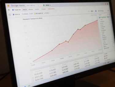 Close-up of a Google Ads dashboard on a dark monitor showing ROAS curve spiking upward, screen glow illuminating the desk surface, analytics numbers visible in foreground