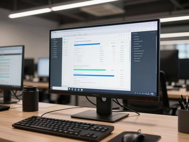 Wide environmental shot of a developer workstation with Meta Ads Manager open on a large monitor, campaign performance charts visible, documentary overhead office lighting