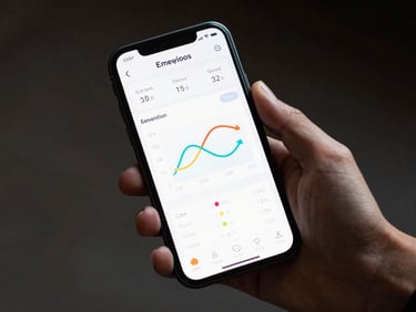 Hand holding a smartphone displaying a live e-commerce analytics screen with conversion funnel metrics, dark background with screen glow as primary light source