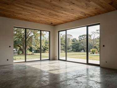 Finished residential living room interior, natural light entering through full-height windows, polished concrete floor, warm wooden ceiling detail, no people, shot from room corner showing proportional depth, soft north-facing daylight