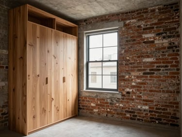 Finished residential bedroom with exposed brick feature wall, soft north-facing window light, timber-framed built-in wardrobe, concrete ceiling visible, no staging props or people, architectural elevation framing