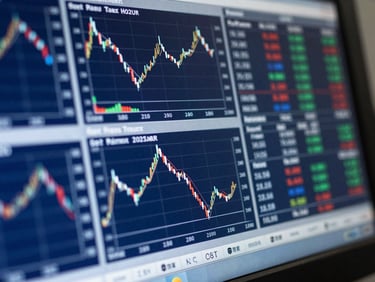 Macro commercial photograph of a high-contrast digital exchange terminal screen displaying real-time currency charts, deep blue and silver tones, crisp shadows, cool-toned studio lighting.