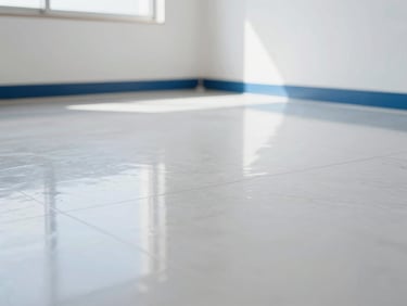 Close-up of a perfectly cleaned, high-gloss floor reflecting natural light in a newly constructed, empty room, crisp whites and deep blues, sharp focus, 35mm