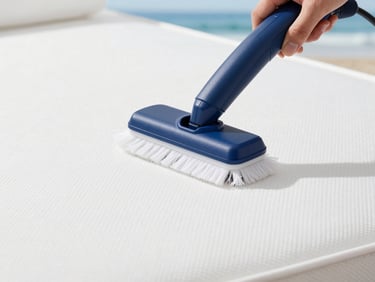 Close-up of a pristine, white mattress surface being gently cleaned with professional equipment, emphasizing hygiene and freshness, crisp whites and deep blues, sharp focus, 35mm