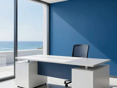 Clean, organized modern office space with natural light, a polished desk, and a subtle reflection on a glass partition, crisp whites and deep blues, sharp focus, 35mm