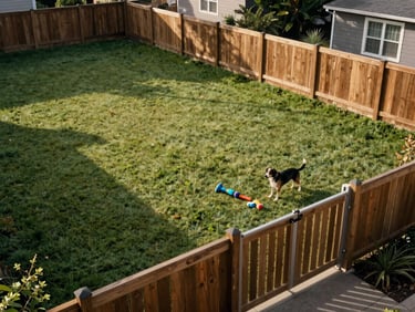 Overhead view of a backyard with a wooden fence line, sage-green lawn in afternoon light, a dog's toy scattered near the gate, wide framing showing scale of the yard