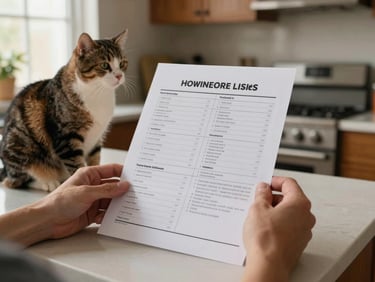 Hands holding a printed home listing sheet on a kitchen counter, a cat sitting nearby on the counter edge, warm window light, lived-in kitchen background slightly out of focus