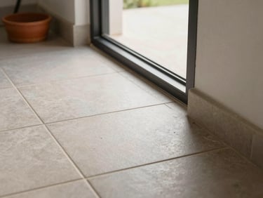 Close-up of durable tile flooring meeting a dog door threshold, natural side light, a small terracotta water bowl visible at the edge of the frame