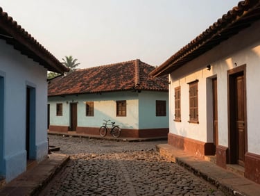 Narrow colonial-era Goa street at early morning light, terracotta-tiled rooflines framing a cobblestone lane, a single bicycle leaning against a pastel-painted wall, warm low-angle sun casting long shadows, no people