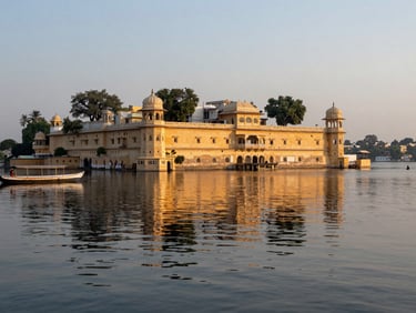 Wide panoramic shot of Lake Pichola at dawn, Udaipur, City Palace reflected in still water, a small wooden boat at the left edge, pale golden light on the palace walls, traveler silhouette at far right, low horizon