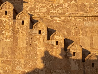 Detail of Jaisalmer fort sandstone wall face at late afternoon, warm golden light saturating the carved stone surface, geometric shadow patterns from battlements, extreme close-up showing texture and grain, no people